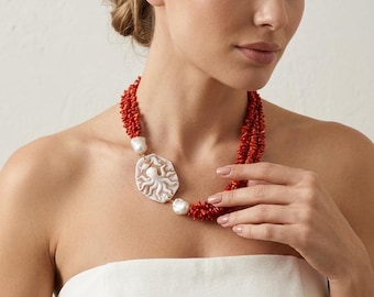 Italian jewelry, cameo necklace, multi-strand necklace, natural coral necklace, multi-strand necklace with marine cameo, coral jewelry.
