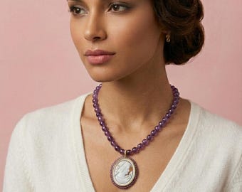 Italian jewelry, handcrafted necklace, amethyst necklace with hand-engraved sardonyx cameo, women's necklace, women's gift idea, cameo