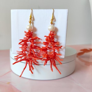 dangle earrings, Italian jewelry, natural red coral earrings, coral sprig earrings, pearl and coral earrings