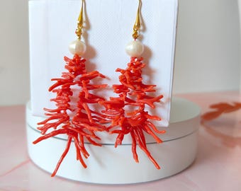 drop earrings, Italian jewelry, natural red coral earrings, coral sprig earrings, pearl and coral earrings