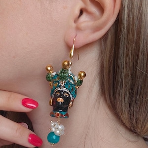 Sicilian earrings, Moor&#39;s head earrings, Caltagirone ceramic earrings, Sicilian earrings, pendant earrings, women&#39;s gift