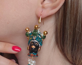 Siciliaanse oorbellen, Moorse hoofd oorbellen, Caltagirone keramische oorbellen, Siciliaanse oorbellen, hanger oorbellen, dames cadeau