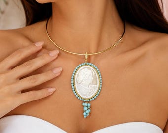 Italiaanse sieraden, Torre del Greco camee ketting, stevige camee choker, elegante ketting, turquoise ketting voor dames, cadeau