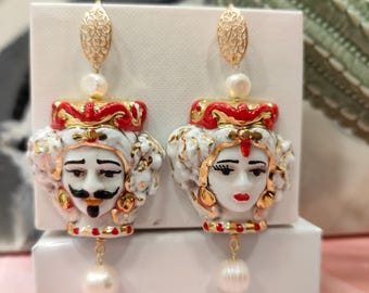 Siciliaanse oorbellen, Moorse hoofd oorbellen, Caltagirone keramische oorbellen, Siciliaanse oorbellen, hanger oorbellen, dames cadeau