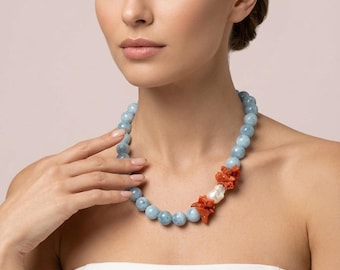 Italian jewelry, aquamarine and coral necklace, elegant necklace, women's necklace, coral jewelry, baroque pearl necklace, gift idea