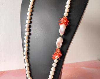 Women's necklace, pearl necklace with coral, natural coral necklace, baroque pearl necklace, Italian jewelry, gift idea for women