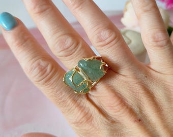 Italian jewelry, maxi ring, ring with natural stones, ring with green aventurine, adjustable ring, brass ring, gift