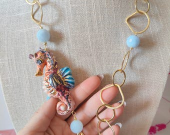 Italian jewelry, Caltagirone ceramic seahorse necklace, natural stone necklace, gift idea, Sicilian necklace