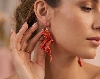 Drop earrings, coral jewelry, natural coral earrings, raw coral earrings, Italian jewelry, women's gifts