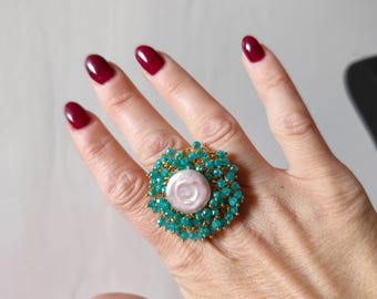 Italian jewelry, maxi ring, women's ring, adjustable ring with natural pearl, eye-catching ring, ring with crystals and pearl, gift