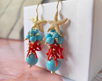 dangle earrings, turquoise and coral pasta earrings, natural coral earrings, starfish earrings, long earrings