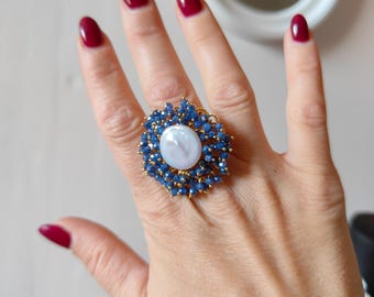 Italian jewelry, maxi ring, women's ring, adjustable ring with natural pearl, eye-catching ring, ring with crystals and pearl, gift