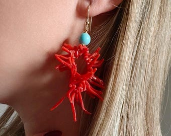 dangle earrings, Italian jewelry, natural red coral earrings, coral sprig earrings, turquoise and coral earrings