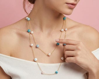 Italian jewelry, long necklace, elegant necklace, larimar and natural pearl necklace, Charleston necklace, natural stones, gift idea for women