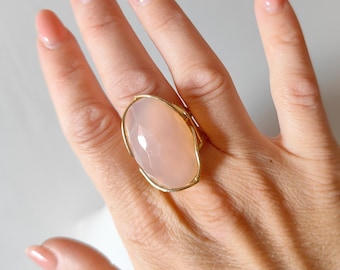 anel maxi, anel de opala rosa, anel de prata 925 banhado a ouro, anel ajustável, anel de declaração, joias italianas, presente feminino