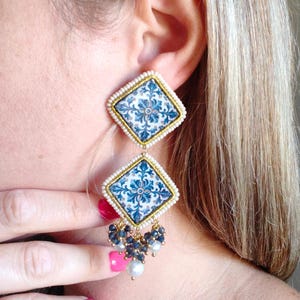 Sicilian earrings, Italian jewelry, drop earrings, women&#39;s earrings, Sicilian tile earrings, large earrings, gift