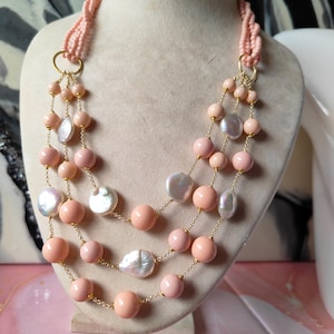 multi-strand necklace, women&#39;s necklace, décolleté necklace, necklace with pink coral paste, necklace with flat baroque pearls, gift necklace