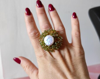 Italian jewelry, maxi ring, women's ring, adjustable ring with natural pearl, eye-catching ring, ring with crystals and pearl, gift