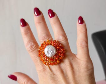 Italian jewelry, maxi ring, women's ring, adjustable ring with natural pearl, eye-catching ring, ring with crystals and pearl, gift
