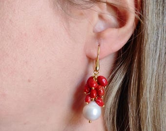 Italian jewelry, drop earrings, women's earrings, earrings with natural pearl and coral, coral earrings, gift idea for women