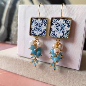 pendant earrings, Sicilian earrings, Sicilian majolica earrings, pearl earrings, ceramic earrings, Sicilian jewelry