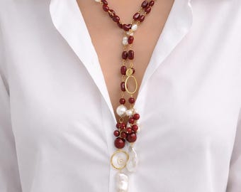 Italian jewelry, lariat necklace, scarf necklace, long necklace, necklace with natural pearls and red agate, women's necklace, women's gift