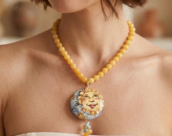 Italian jewelry, necklace with hand-painted sun and moon on Caltagirone ceramic, gift idea, décolleté necklace, yellow jade necklace