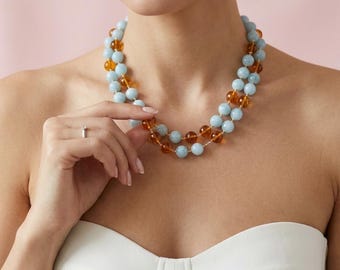 イタリア製ジュエリー、マルチストランドネックレス、アクアマリンと天然琥珀のネックレス、ハニーアンバー、本物の琥珀、女性へのギフトアイデア、琥珀ジュエリー
