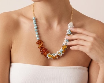 Opvallende halsketting, barokparelketting, larimarketting, larimarparel- en barnsteenketting, Italiaanse sieraden, natuurlijke barnsteen, cadeau