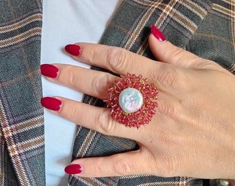 Italian jewelry, maxi ring, women's ring, adjustable ring with natural pearl, eye-catching ring, ring with crystals and pearl, gift