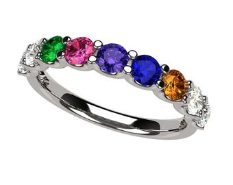 Princess Cut Mothers Birthstone Ring - Custom With 1-6 Simulated Gemstones, Sterling Silver Or 10K/14K Gold, Accent CZs - View #7