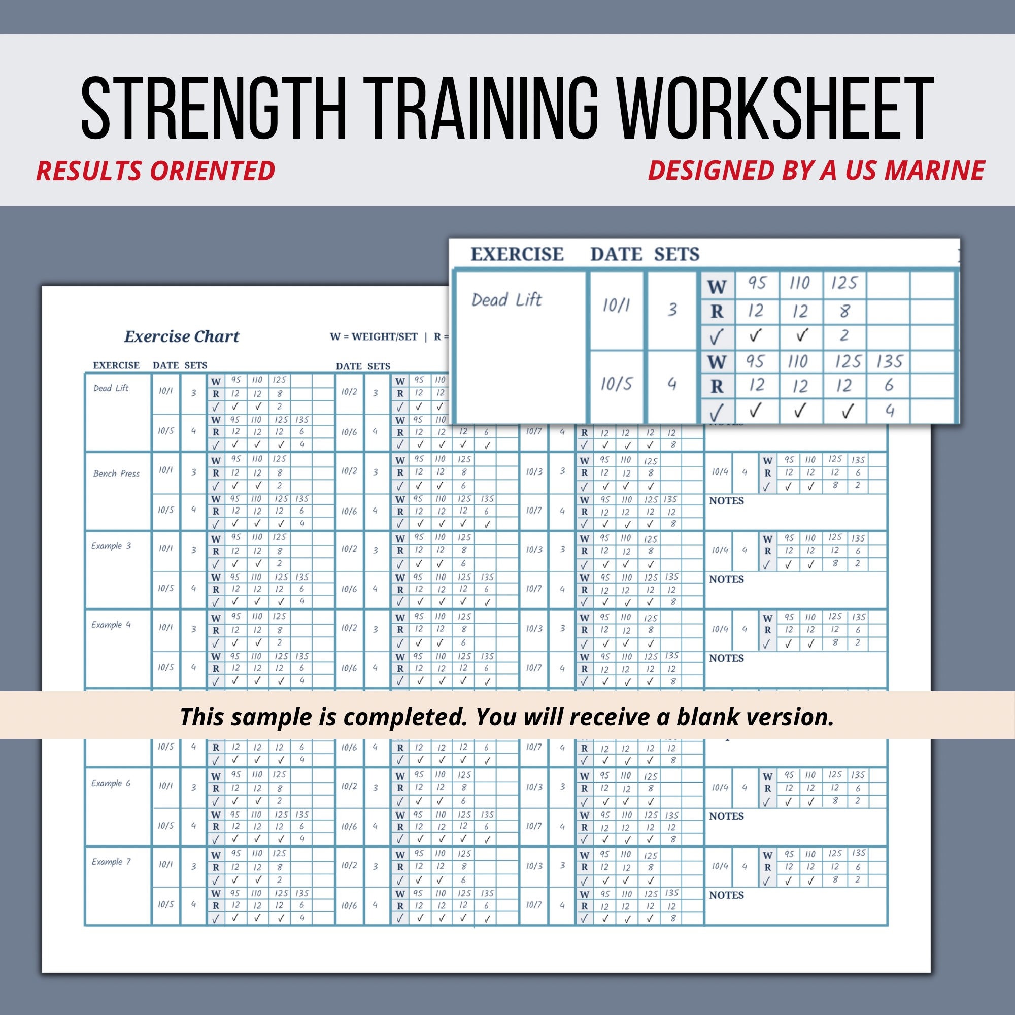 Strength Training workout Chart Weekly Performance Tracker Records 