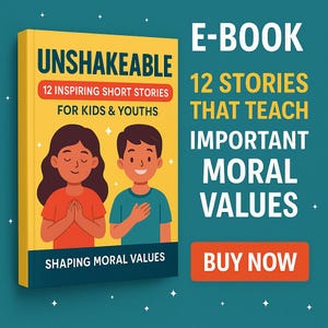Op de afbeelding: Een gele boekomslag met de titel "UNSHAKEABLE" en de ondertitel "12 inspirerende korte verhalen voor kinderen en jongeren". Illustraties van een meisje en een jongen. Tekst rechts: "E-BOOK" en "12 verhalen die belangrijke morele waarden leren."