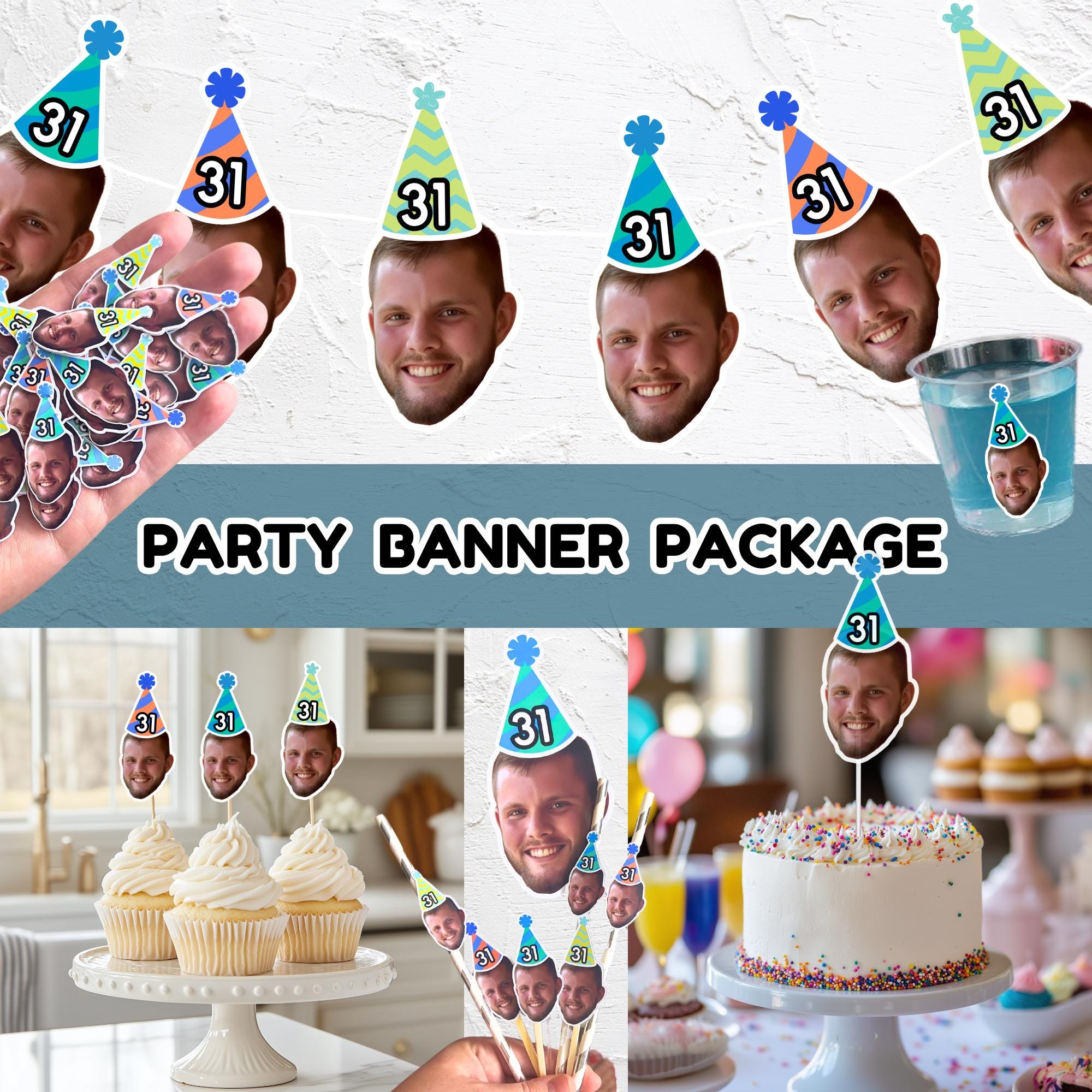 Custom Face Party Banner Package, Birthday Banner, Any Age Birthday Banner, 1st, 16th, 21st, 30th, 40th, 50th, 60th Party, BDay Garland