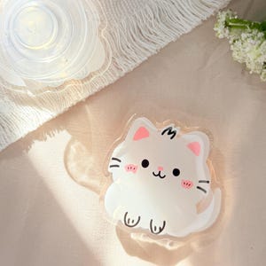 May include: A clear, cat-shaped gel pack with pink accents on the ears and cheeks. The cat has black whiskers and a small black nose and mouth. A clear, circular object is in the upper left corner. The items are on a beige surface.