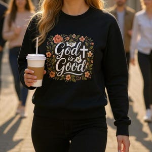 Puede incluir: Sudadera negra con el texto "God is Good" en escritura blanca, rodeada de un diseño floral con acentos melocotón y verdes. La sudadera es de manga larga y tiene cuello redondo. Una persona sostiene una taza de café con una funda marrón.
