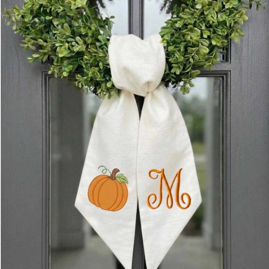Embroidered Monogram Halloween Door Bow, Pumpkin Lace Wreath Sash
