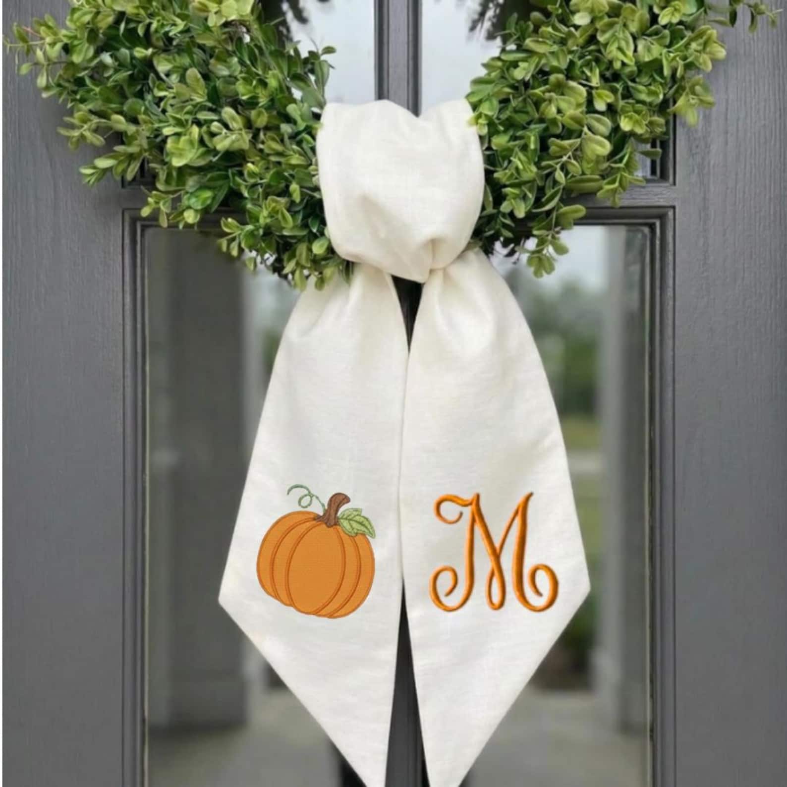 Embroidered Monogram Halloween Door Bow, Pumpkin Lace Wreath Sash