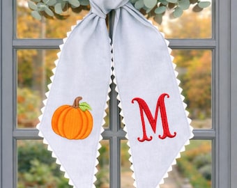 刺繍入りモノグラム入りカボチャリースサッシュ、黒リネン製ドアリボン、秋のハロウィン装飾
