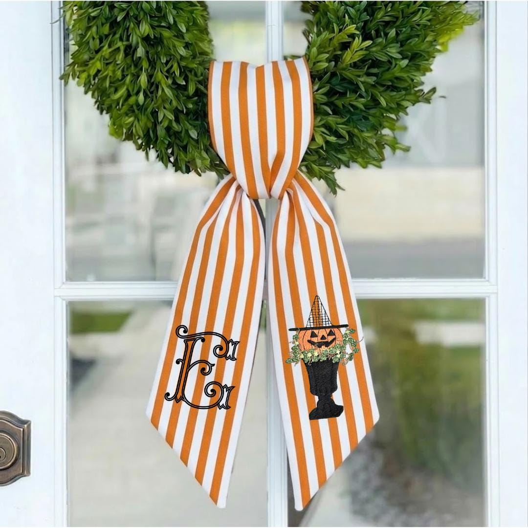 Handmade Halloween Door Sash – Monogram Pumpkin Embroidered Bow