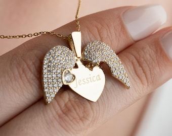 Personalized Angel Wings Heart Necklace: Sterling Silver CZ Memorial Jewelry
