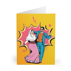 Cartões de casamento (pacote com 5) | Noivado | Cartão de aniversário | Arte pop de pássaros apaixonados em êxtase | Nikkah islâmico | Walima | Noiva hijabi | Design exclusivo