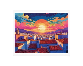 Moroccan Rooftop Sunset Poster | Digital Download Art | Mountain Landscape | Cityscape