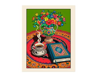 Islamic Pop Art Print: Coffee, Quran, Flowers | Eid Gift | Poster