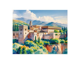 Stampa ad acquerello del Palazzo dell'Alhambra: architettura islamica di Granada, Spagna