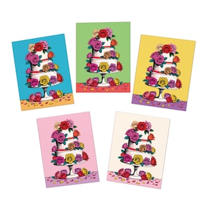 Multipack de cartes de mariage | Gâteau de mariage pop art | Couleurs joyeuses | Cartes de célébration | Cartes de correspondance | Lot de 5 cartes aux motifs multiples