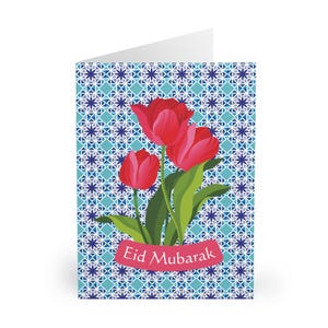 Eid Cards (5 Pack) | Blue Tiles and Red Tulips | Floral Eid Cards | Eid Mubarak | Islamic Art | Ramadan | Celebration Cards | Blue and White