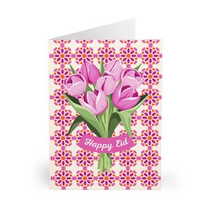 Eid Karten (5er Pack) | Rosa Tulpen | Islamische Fliesen | Blumen Grußkarten | Liebe Grüße Eid | Eid Mubarak | Eid Adha | Eid Fitr | Ramadan
