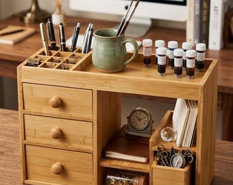 Large Countertop Bamboo Makeup Organizer with 3 Drawers | Beauty Tools Holder | Bathroom Organizer | Makeup Storage Box | Gift For Her