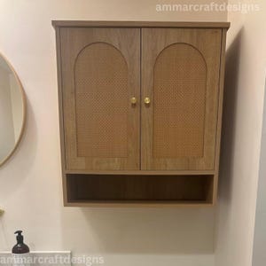 Wooden Wall Mounted Open Back Medicine Cabinet With 2 Rattan Doors | Wood Storage Organizer | Wall Mounted Cabinet | Housewarming Gift